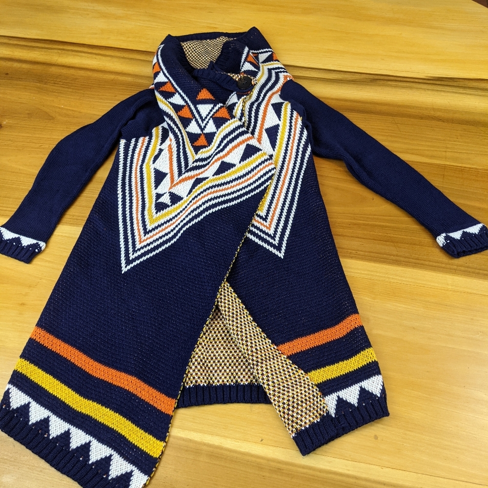 Scarlett, Blue Geometric Folding-Collar Cardigan